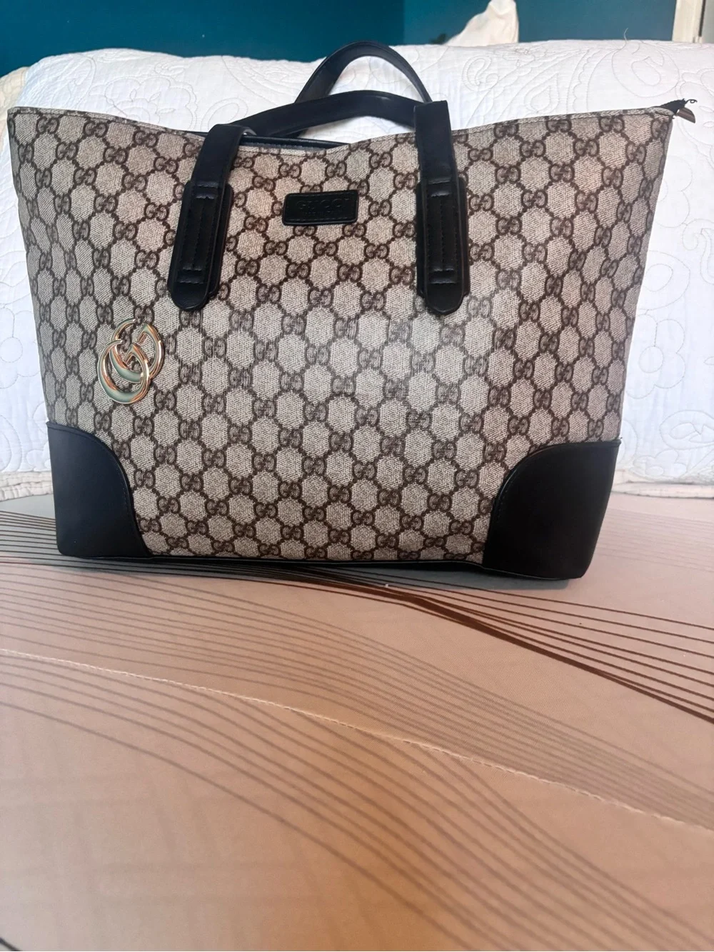Inspired,Gucci Brown GG Canvas Duffel with Dark Brown Leather Trim